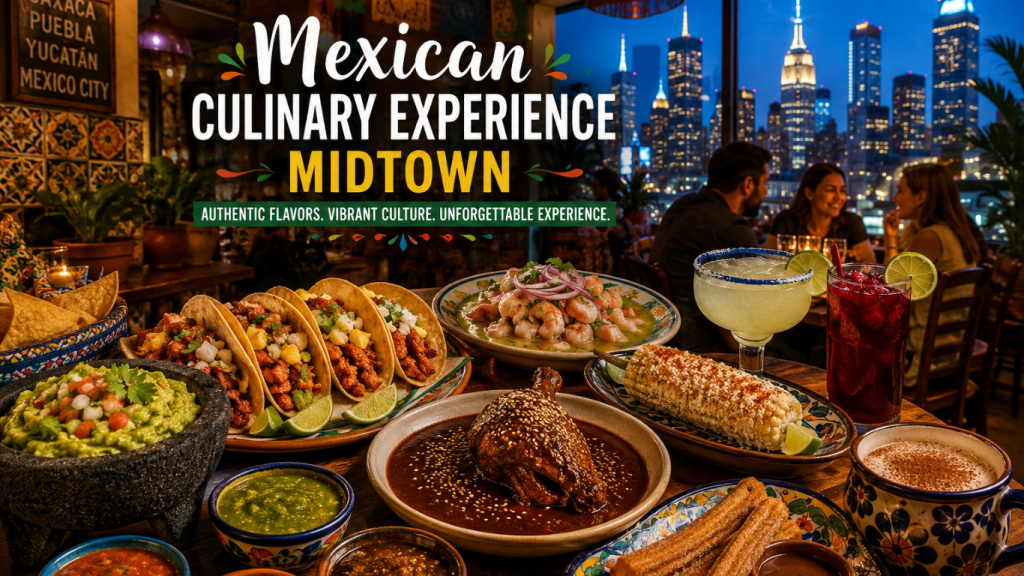 Mexican culinary experience Midtown featuring authentic tacos, mole, guacamole, ceviche, and handcrafted Mexican cuisine in an elegant Midtown NYC restaurant.