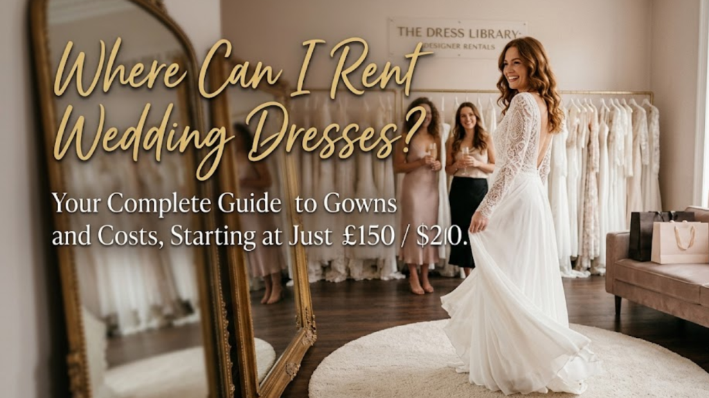 A happy bride twirling in a bohemian lace wedding dress inside a luxury rental boutique, next to a gold floor mirror and clothing racks, with friends smiling in the background. Integrated text reads, 'Where Can I Rent Wedding Dresses? Your Complete Guide to Gowns and Costs.'