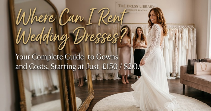 A happy bride twirling in a bohemian lace wedding dress inside a luxury rental boutique, next to a gold floor mirror and clothing racks, with friends smiling in the background. Integrated text reads, 'Where Can I Rent Wedding Dresses? Your Complete Guide to Gowns and Costs.'